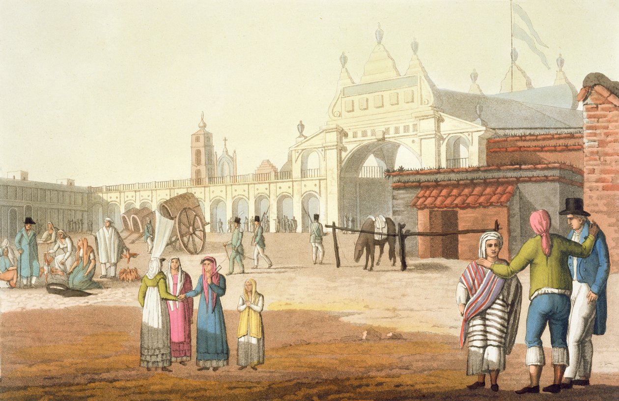 Piazza del Mercato, Buenos Aires, Argentiina, julkaisusta "Ancient and Modern Costume", osa II, levy 1, Jules Ferrario, julkaistu noin 1820-30-luvulla tekijältä Paolo Fumagalli