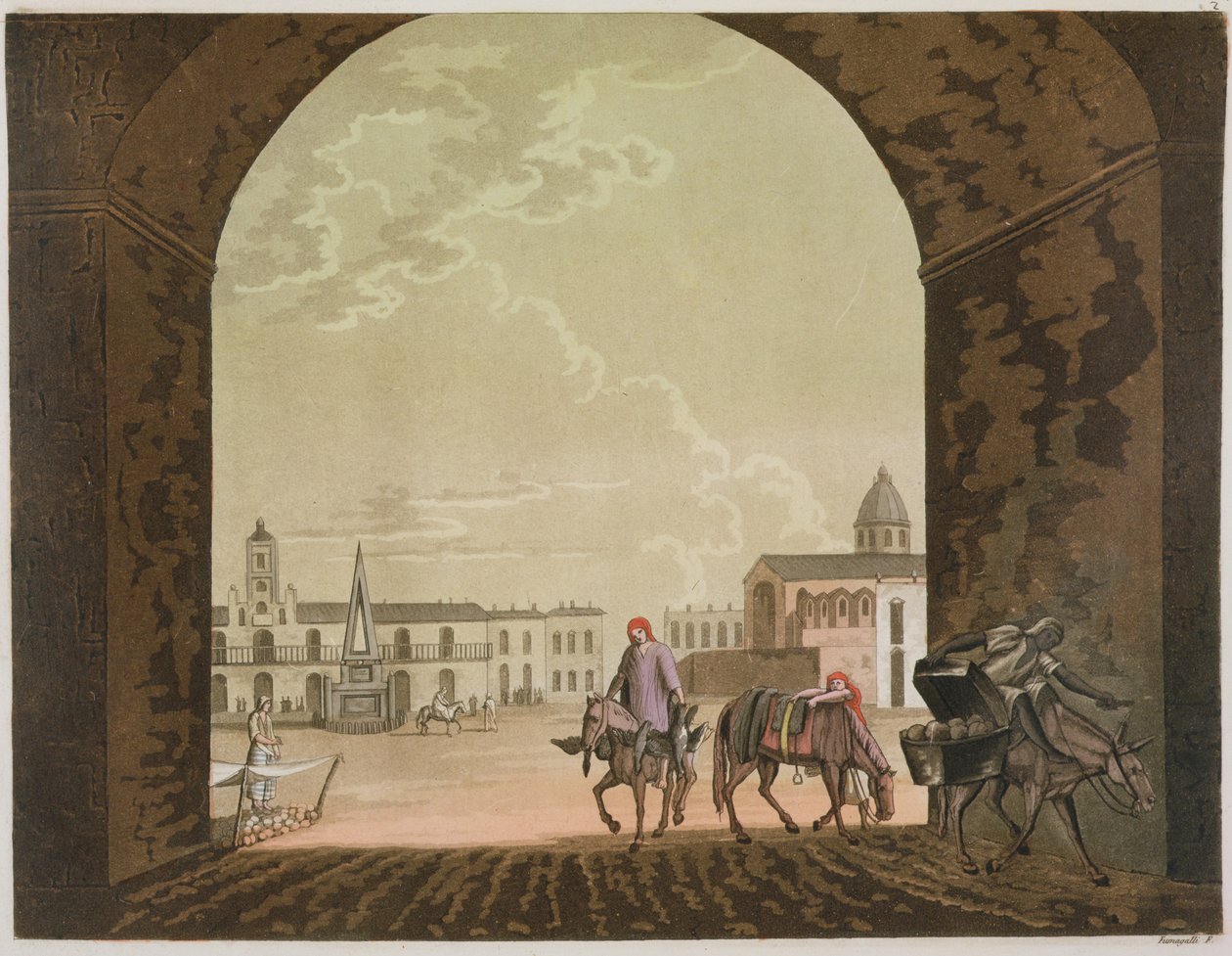 Plaza de Mayo, Buenos Aires, Argentiina, kuvasta "Le Costume Ancien et Moderne, Volume II, plate 2, kirjoittanut Jules Ferrario, julkaistu noin 1820-30-luvuilla. tekijältä Paolo Fumagalli