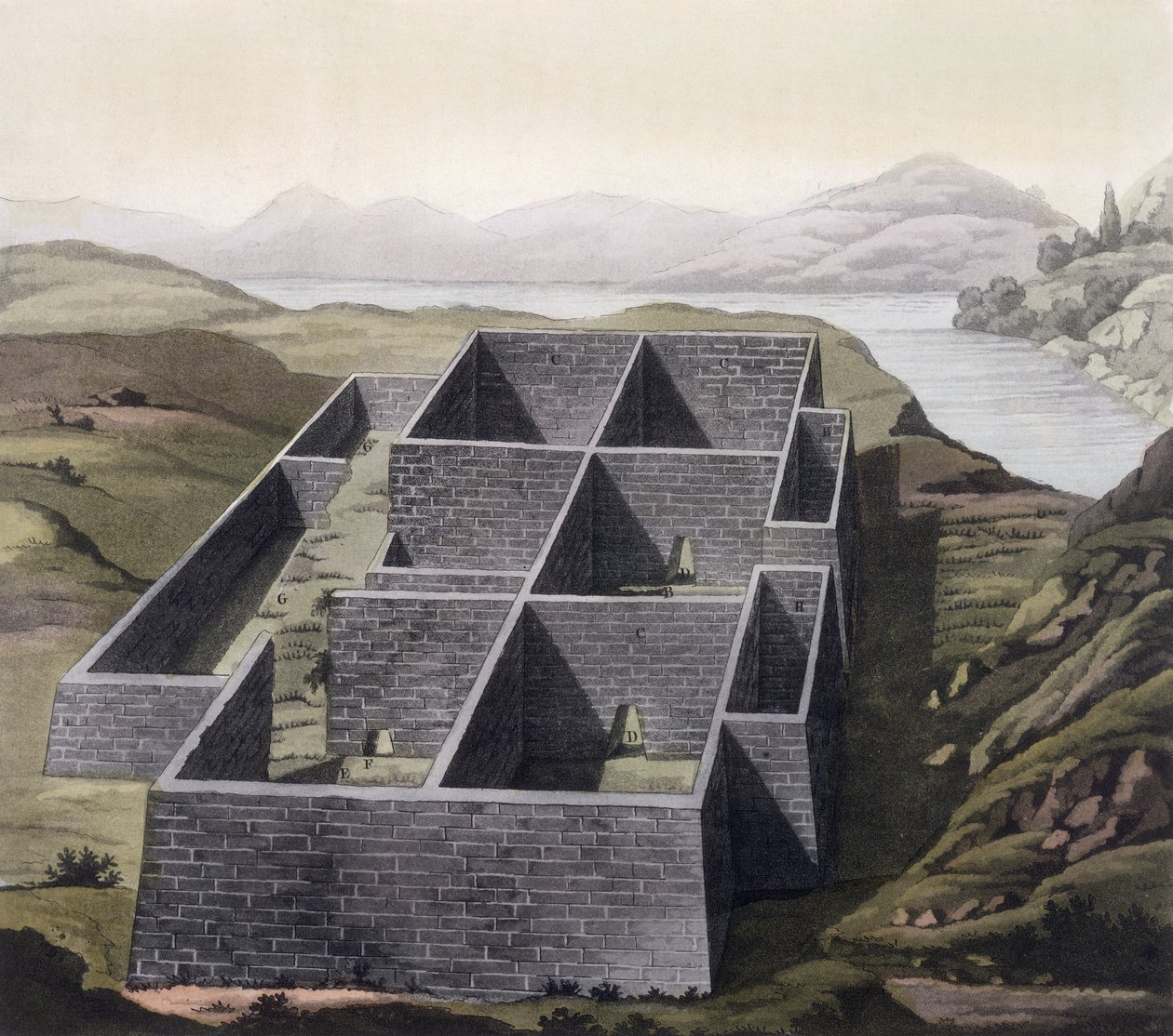 Inka-palatsin jäännökset Callossa Perussa, Jules Ferrarion teoksesta "Le Costume Ancien et Moderne", osa II, levy 23, julkaistu noin 1820-30-luvulla tekijältä Paolo Fumagalli