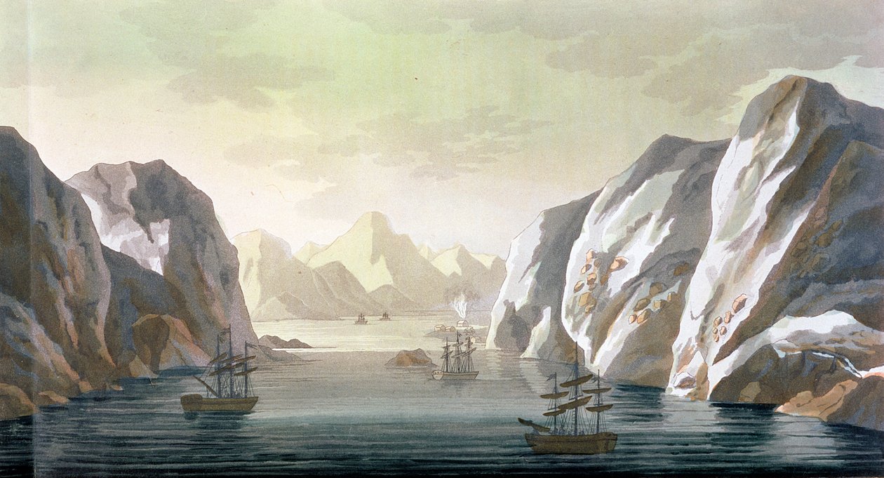 Seeking the North West Passage - Brittiläinen matka Huippuvuorille, 1818, Jules Ferrarion teoksesta "Le Costume Ancien et Moderne", osa I, levy 28, julkaistu noin 1820-30-luvulla tekijältä Paolo Fumagalli