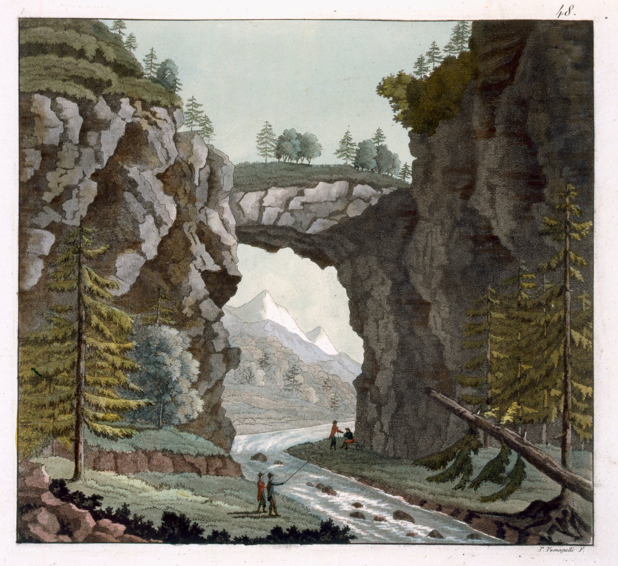 Rock Bridge, Virginia, Jules Ferrarion teoksesta Le Costume Ancien ou Moderne, osa 1, levy 48, julkaistu 1820-30-luvulla (värikaiverrus) tekijältä Paolo Fumagalli