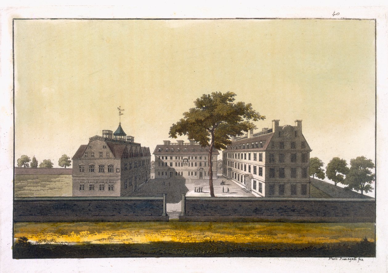 Cambridgen yliopisto, Massachusetts, Jules Ferrarion julkaisusta "Le Costume Ancien et Moderne", osa I, julkaistu noin 1820-30-luvulla (värikaiverrus) tekijältä Paolo Fumagalli