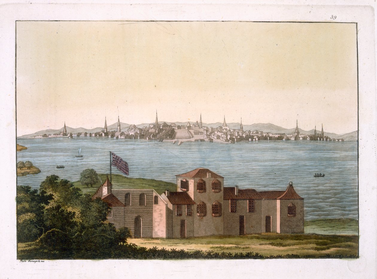 Näkymä Bostoniin, Jules Ferrarion julkaisusta "Le Costume Ancien et Moderne", osa 1, levy 39, julkaistu noin 1820-30-luvulla (värikaiverrus) tekijältä Paolo Fumagalli