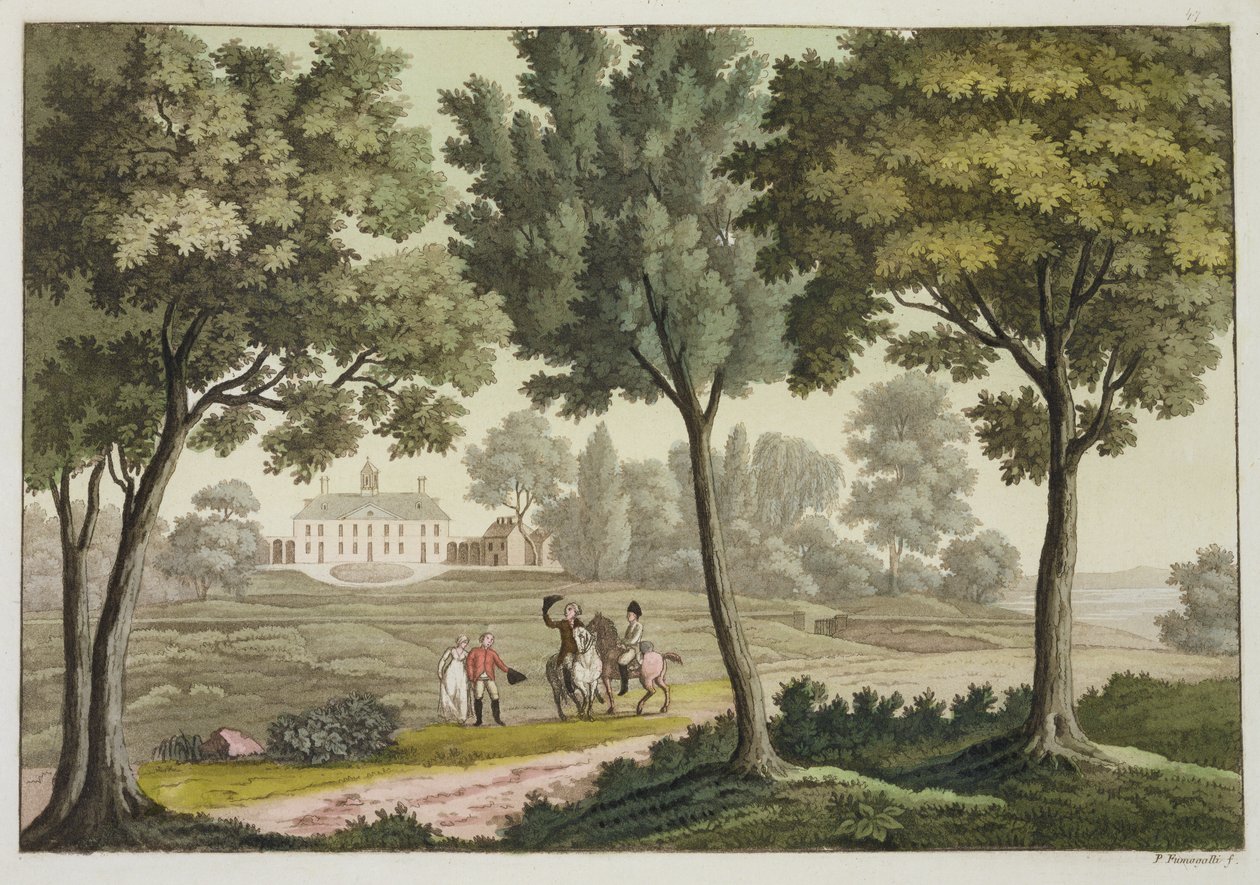 Washingtonin talo Mount Vernonissa, Jules Ferrarion julkaisusta "Le Costume Ancien et Moderne", levy 39, julkaistu noin 1820-30-luvulla (värikaiverrus) tekijältä Paolo Fumagalli