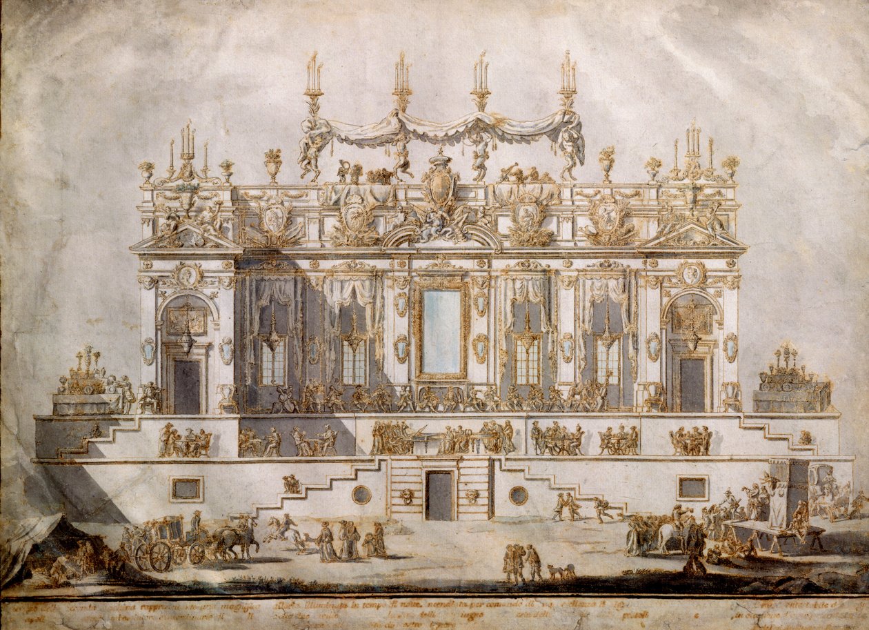 Suuren talon poikkileikkaus, G. Palazzin (n.1740-76) piirtämä suunnitelma Festa della Chinea -juhlia varten, 1764 (tussi ja tussi ja pesu paperille). tekijältä Paolo Posi