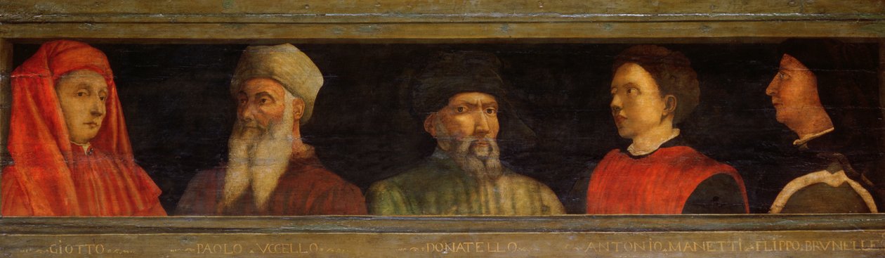 Giotton (n.1266-1337), Uccellon, Donatellon (n.1386-1466), Manettin (n.1405-60) ja Brunelleschin (1377-1446) muotokuvat (tempera paneelille). tekijältä Paolo Uccello