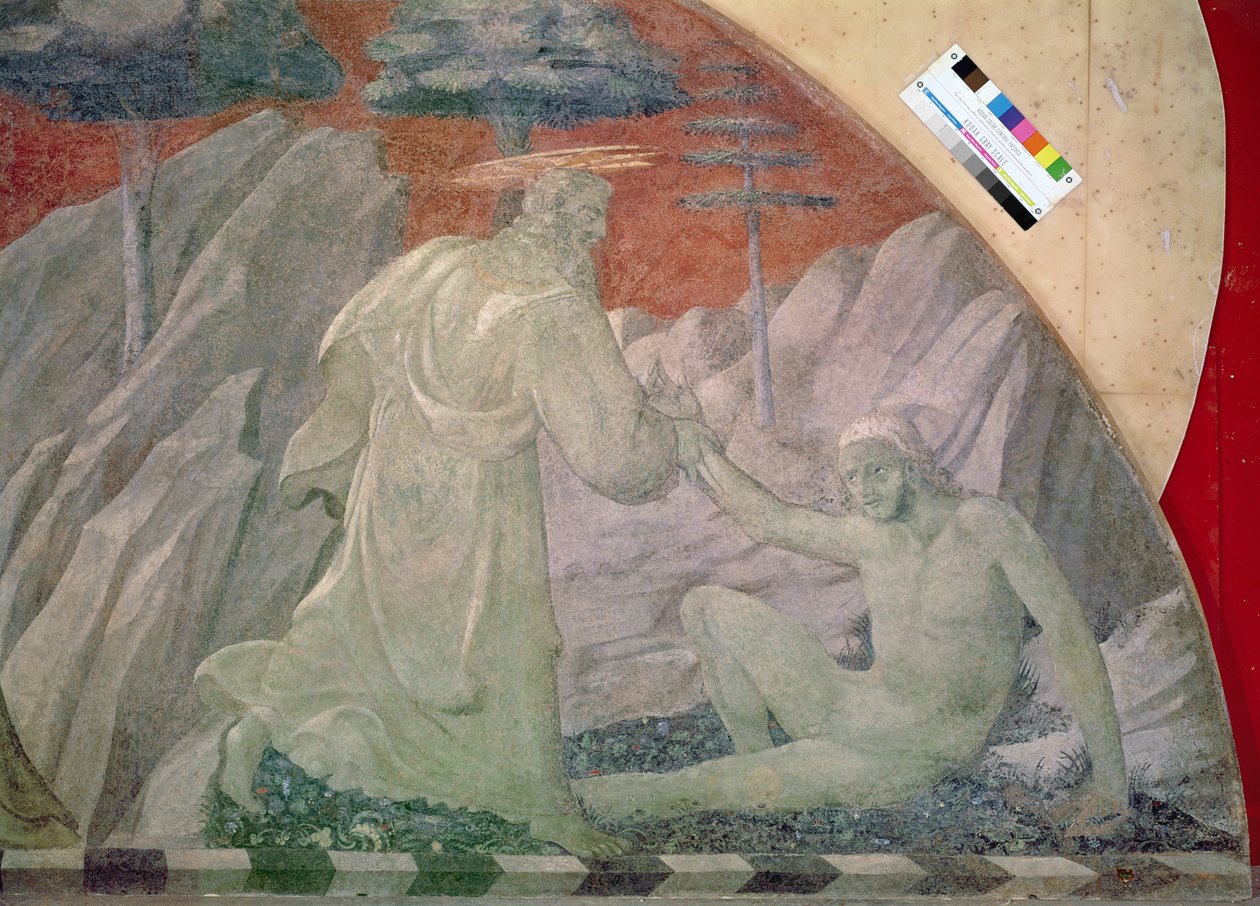 Eläinten ja Aadamin luominen yksityiskohta Adamin luomisesta, 1430-fresko siirretty kankaalle tekijältä Paolo Uccello