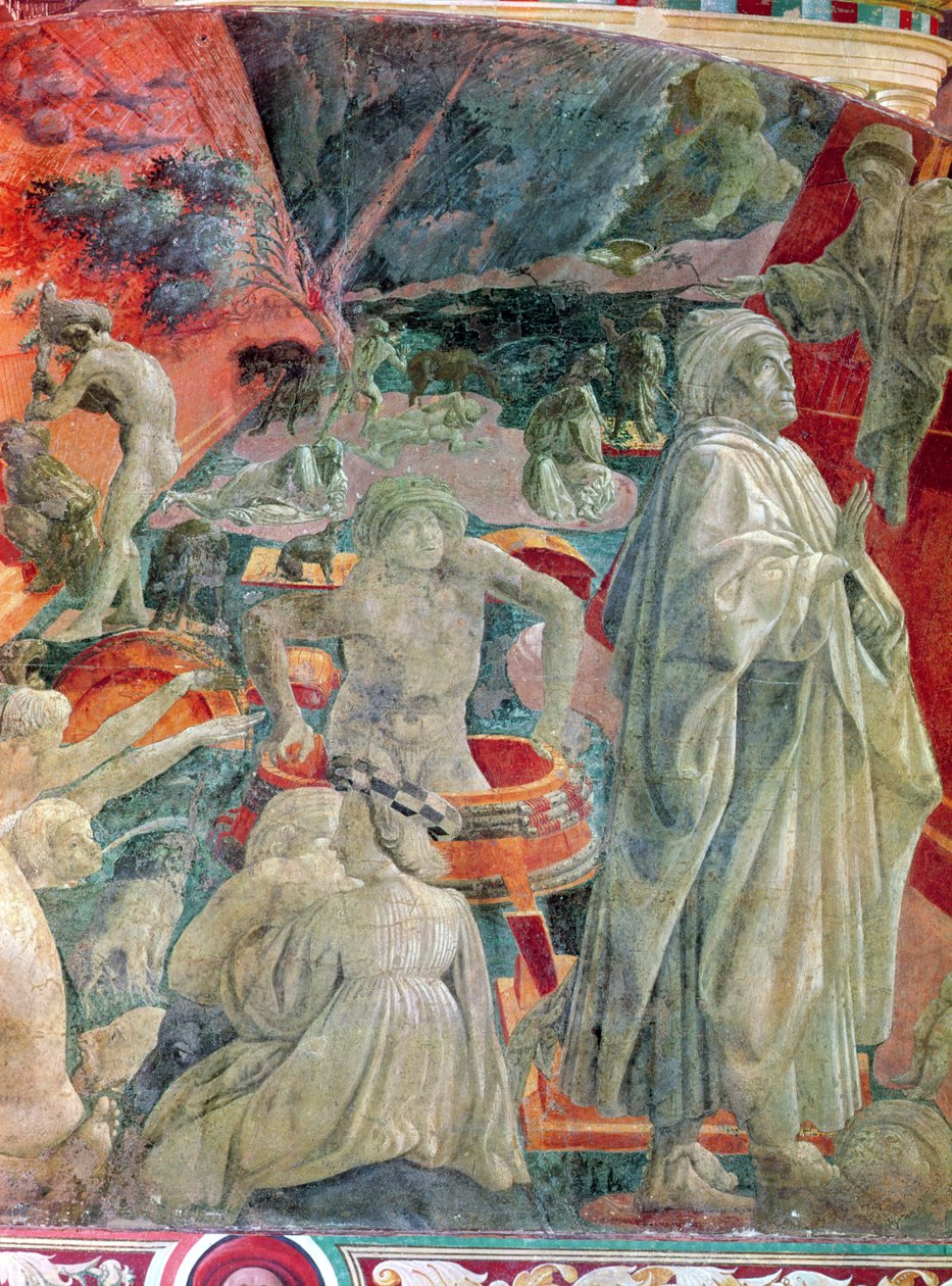 Suuri tulva ja veden vetäytyminen (yksityiskohta miehestä tynnyrissä ja Nooa), 1446-8 (fresko siirretty kankaalle) tekijältä Paolo Uccello