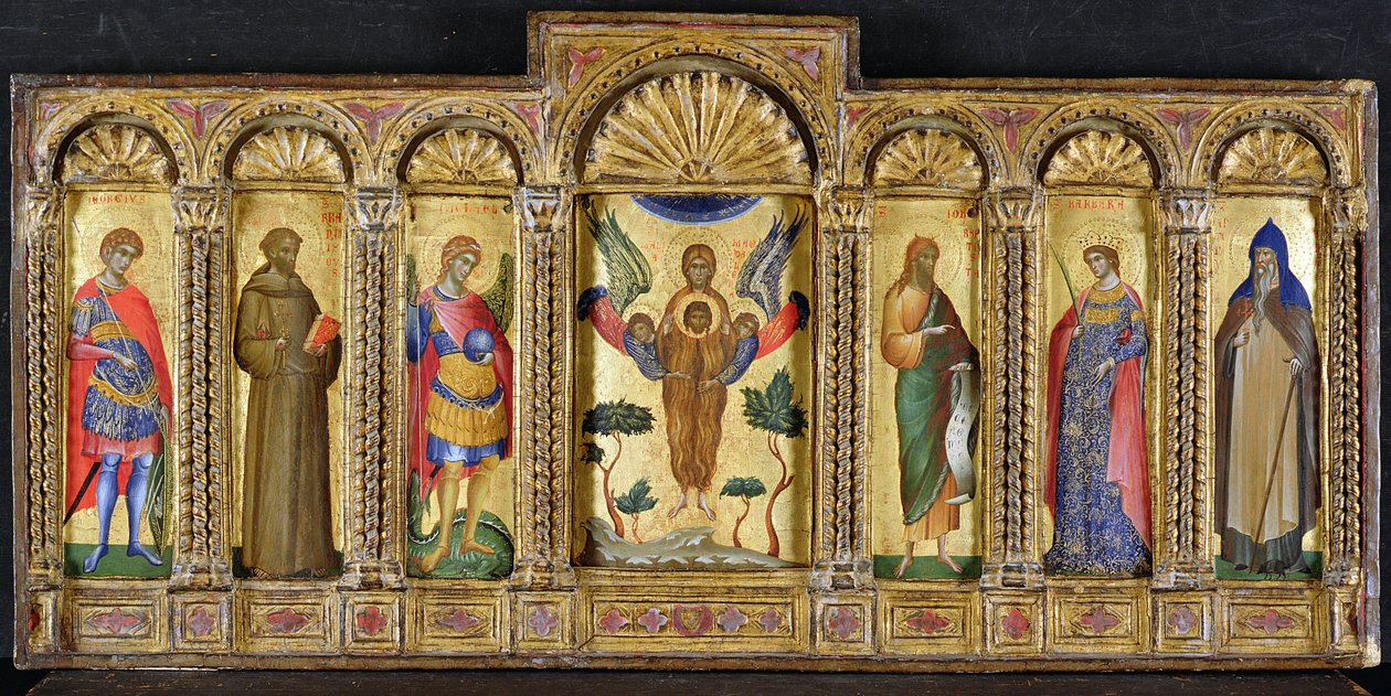 Triptyykki, jossa Maria Magdaleena pitelee Kristuksen päätä, pyhien vieressä (tempera paneelissa) tekijältä Paolo Veneziano