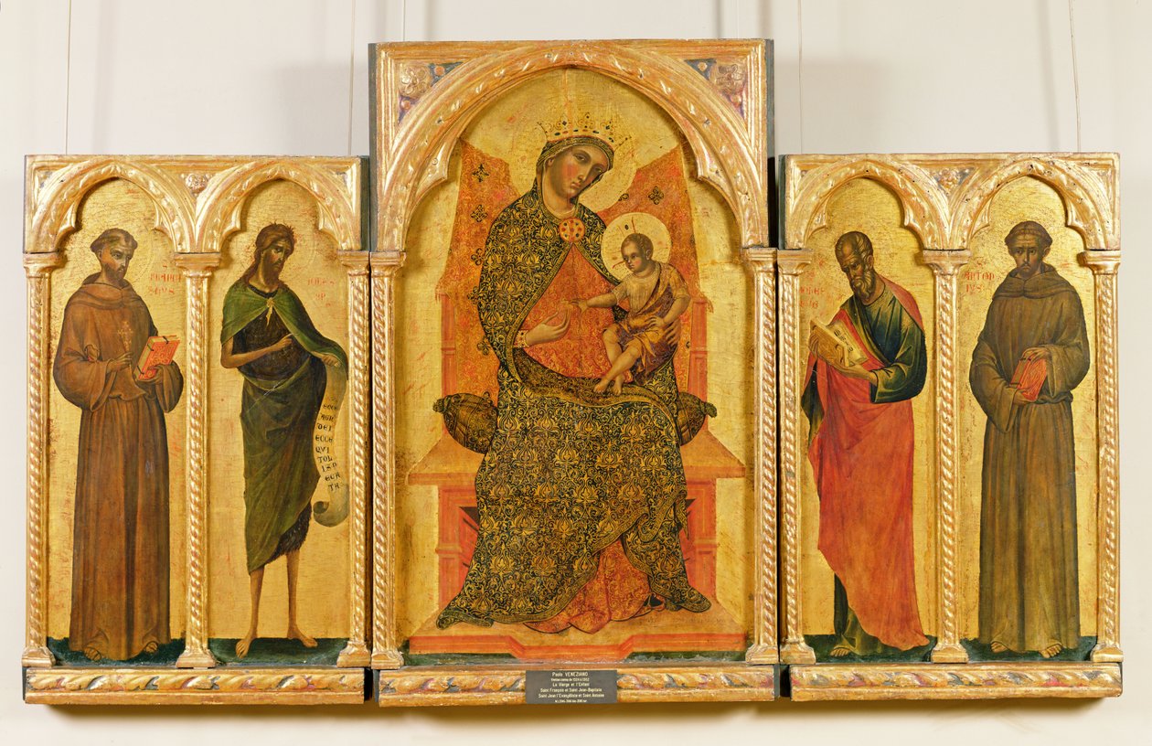 Neitsyt ja lapsi Pyhän Franciscuksen, Johannes Kastajan, Pyhän Johannes Evankelistan, Pyhän Antoniuksen Padovalaisen kanssa, 1354 (tempera paneelissa) tekijältä Paolo Veneziano