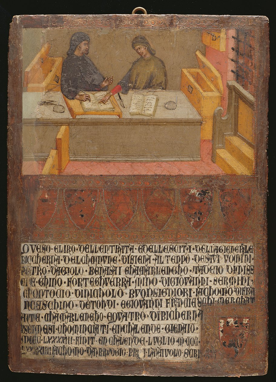 Talousjohtaja ja kirjanoppinut pöytänsä ääressä Bicchernassa (verotoimisto) (tempera paneelissa) tekijältä Paolo di Giovanni Fei