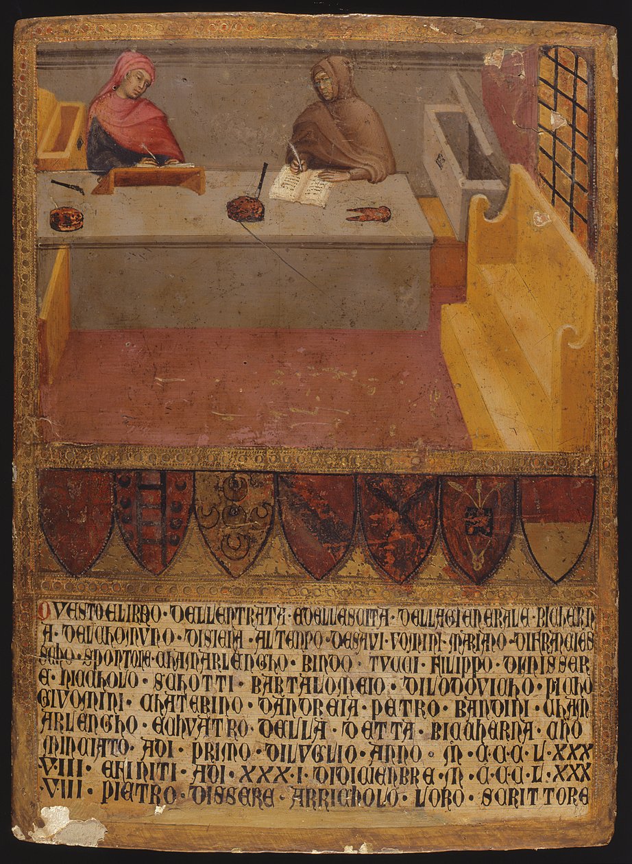 Talousjohtaja ja kirjanoppinut pöytänsä ääressä Bicchernassa (verotoimisto) (tempera paneelissa) tekijältä Paolo di Giovanni Fei