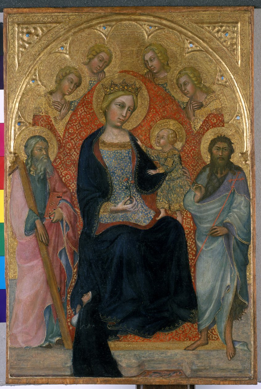 Valtaistuimella Madonna ja lapsi neljän enkelin, kahden pyhimyksen ja hyväntekijän kanssa, n. 1400 (tempera puulla) tekijältä Paolo di Giovanni Fei