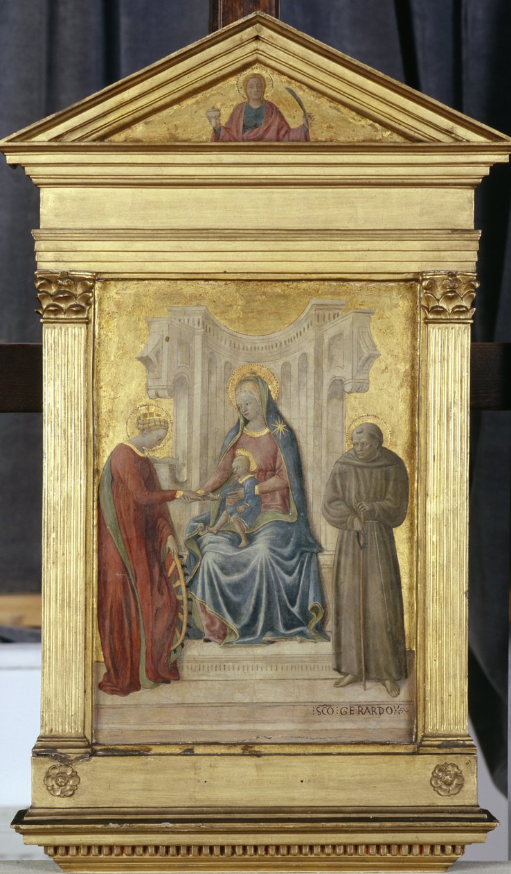 Valtaistuimelle noussut Madonna lapsen ja pyhien Gerhardin ja Katharinan kanssa, n. 1450 (tempera poppelipuulla) tekijältä Paolo di Stefano Badaloni Schiavo