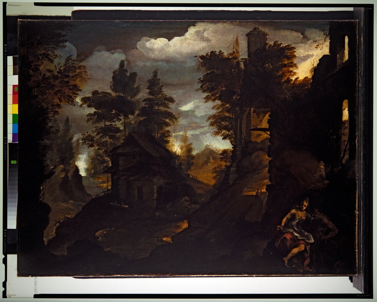 Nymfi ja satyyri raunioituneen rakennuksen vieressä kivikkoisessa metsämaisemassa tekijältä Paolo (1540 96) Fiammingo