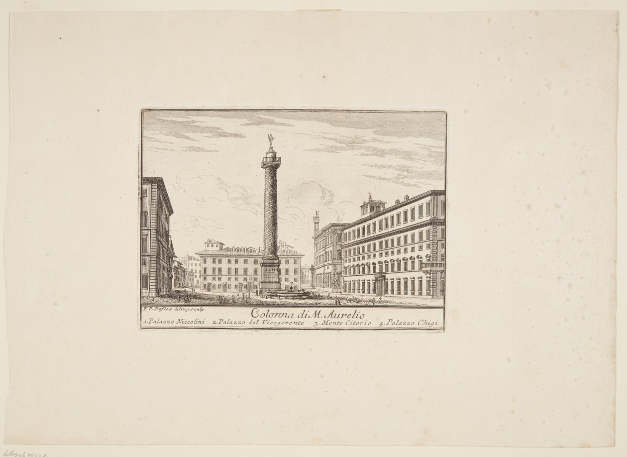 M. Aurelion pylväs. 1. Palazzo Niccolini. 2. Vicegerentin palatsi. 3. Monte Citorio. 4. Palazzo Chigi tekijältä Paolo Anesi