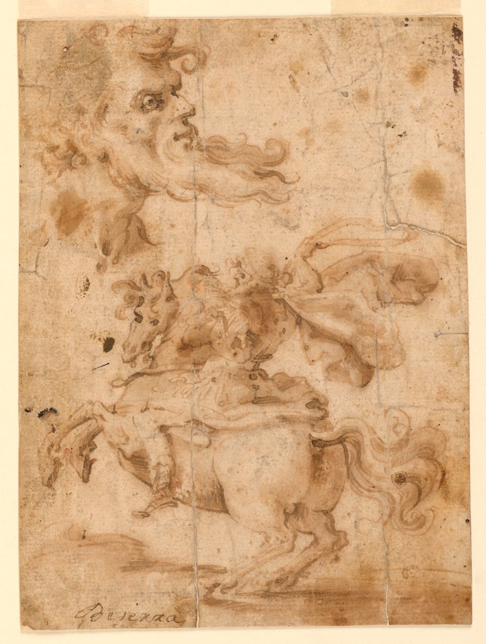 Piirros, Parrakas mies, mies hevosen selässä, n. 1650. tekijältä Paolo Emilio Besenzi