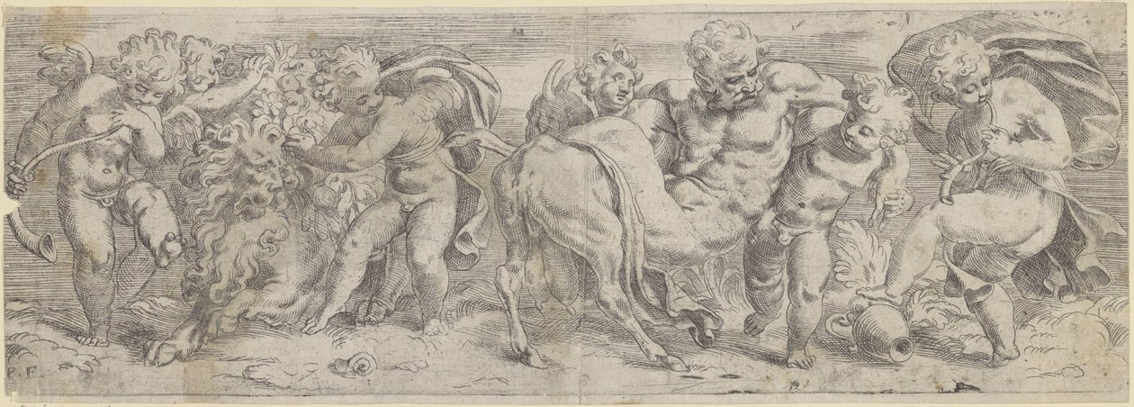 Humalassa satyr ja putti tekijältä Paolo Farinati