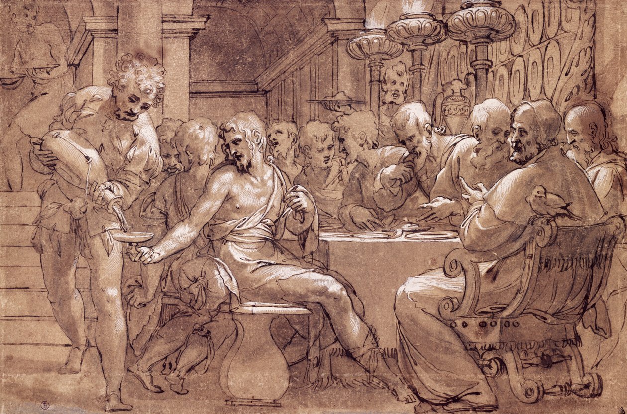 Pyhän Gregorin illallinen, Paolo Farinatin (1524-1606) piirustus, harmaanruskea akvarelli, kynä, valkoinen lyijy ja musta kynä, Italia tekijältä Paolo Farinati