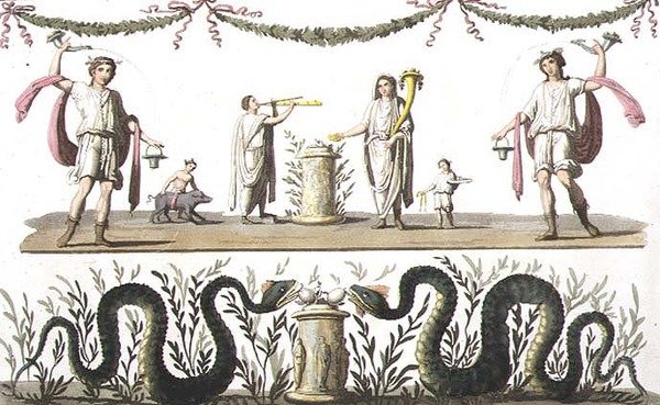 Freskot Pompejin omakotitalon larariumista Jules Ferrarion teoksesta "Le Costume Ancien et Moderne", julkaistu noin 1820-30-luvulla (värilitho) tekijältä Paolo Fumagalli