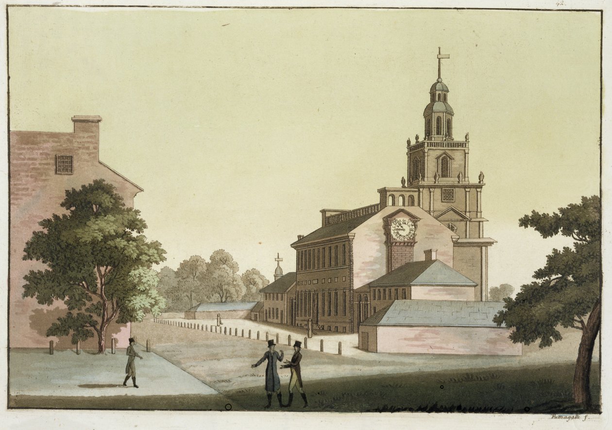 Independence Hall, Philadelphia, Pennsylvania, Jules Ferrarion julkaisusta "Le Costume Ancien et Moderne", osa I, levy 41, julkaistu noin 1820-30-luvulla (värikaiverrus) tekijältä Paolo Fumagalli