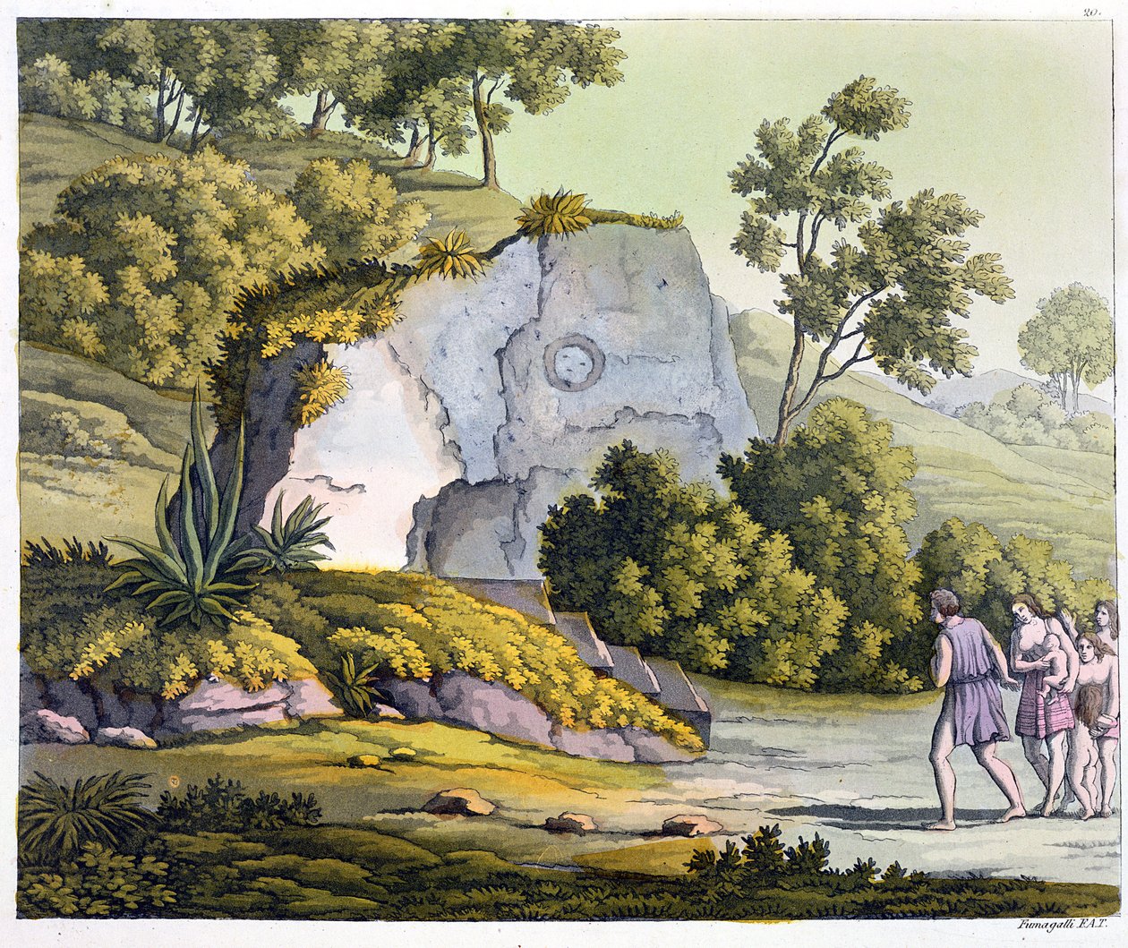 Auringonpyhäkkö, Peru, Jules Ferrarion teoksesta "Le Costume Ancien et Moderne", osa II, levy 20, julkaistu noin 1820-30-luvulla (värikaiverrus) tekijältä Paolo Fumagalli