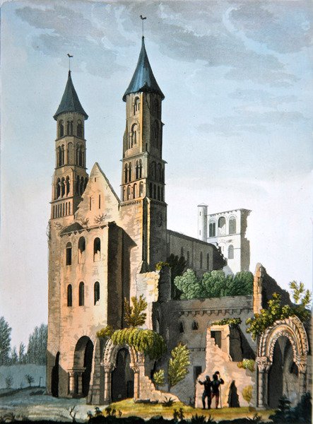 Jumiegesin luostari, Jules Ferrarion teoksesta "Le Costume Ancien et Moderne", julkaistu noin 1820-30-luvuilla (värilitografia). tekijältä Paolo Fumagalli