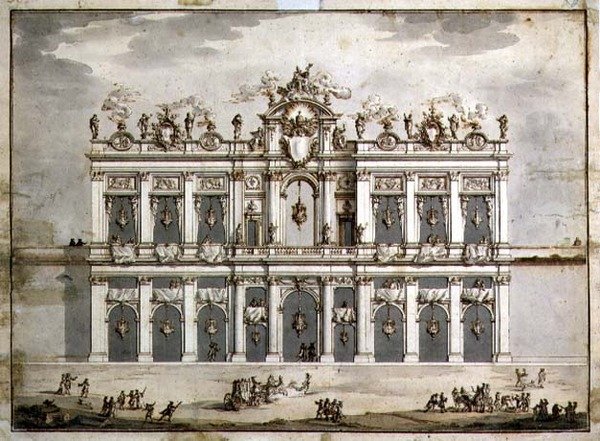 Julkisivun suunnittelu, luultavasti vuoden 1766 "Festa della Chinea" (kynä & ruskea muste ja pesu paperissa) tekijältä Paolo Posi
