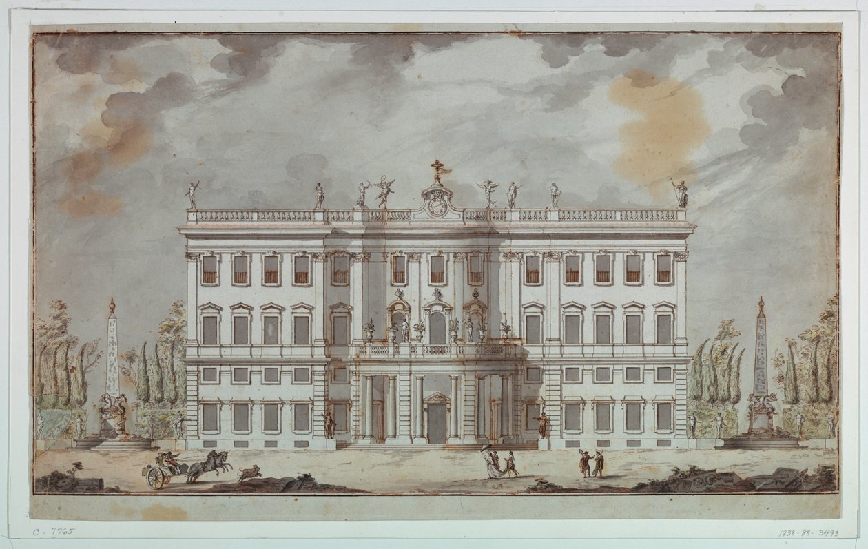 Piirustus, huvilan julkisivuprojekti, 1700-luvun loppupuoli tekijältä Paolo Posi