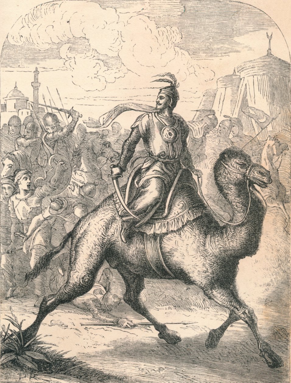 Saladin pakenemassa nopealla dromedaarilla, 1869 tekijältä Paolo Priolo