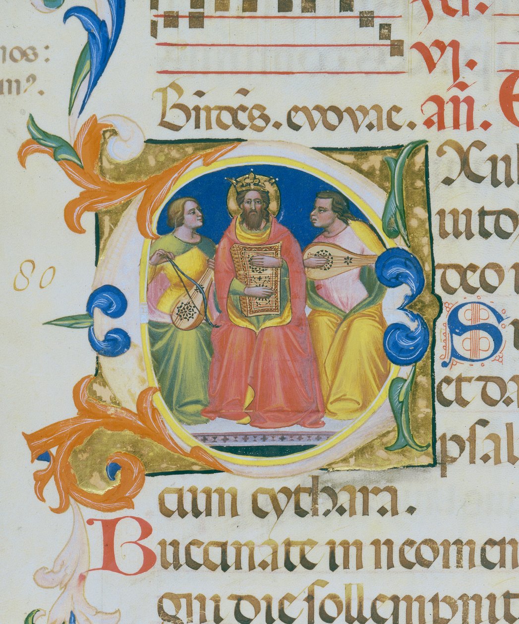 Kuningas Daavid soittamassa psalteria, Paolo Soldinin miniatyyri, psalmien kirjan yksityiskohta tekijältä Paolo Soldini