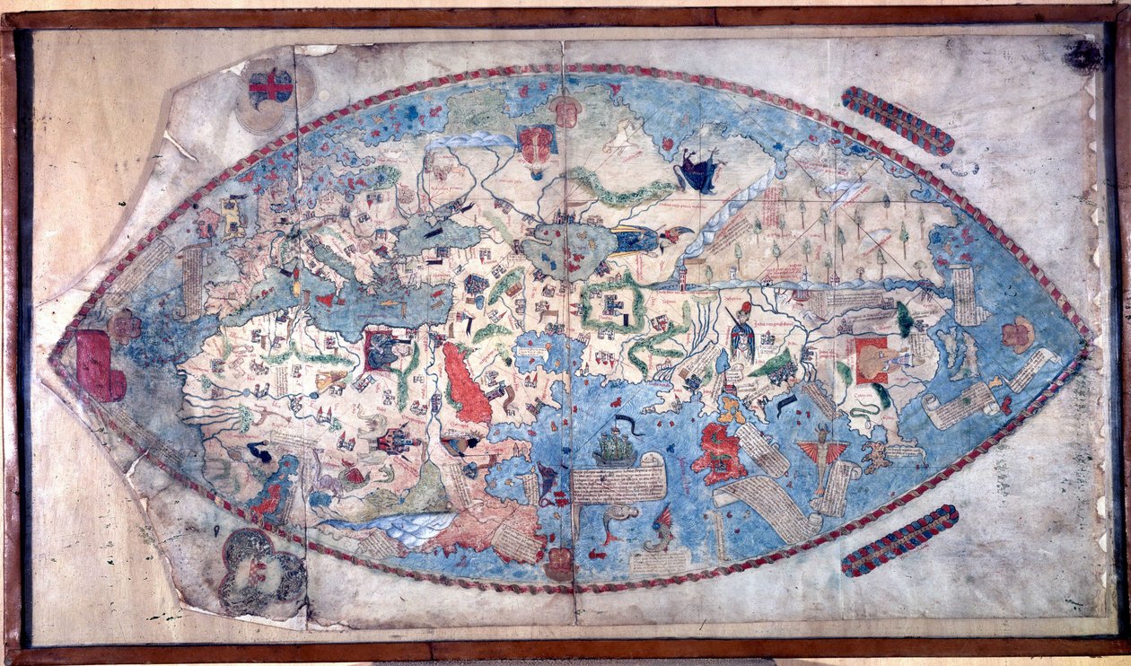 Paolo Toscanellin (1397 - 1497) maailmankartta. 1457. Tämä kartta edustaa eurooppalaista kuvaa maapallosta ennen suurten maanosien löytämistä. Firenzen kansalliskirjasto tekijältä Paolo Toscanelli