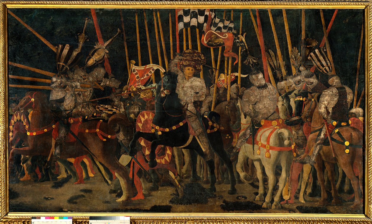 San Romanon taistelu Firenzen ja Sienesen välillä 2.6.1432 (Micheletto da Cotignolan vastahyökkäys). Paolo di Dono dit Uccellon (1397-1475) maalaus 1456 su. 1,8x3,2 m Pariisi, Musee du Louvre. tekijältä Paolo Uccello