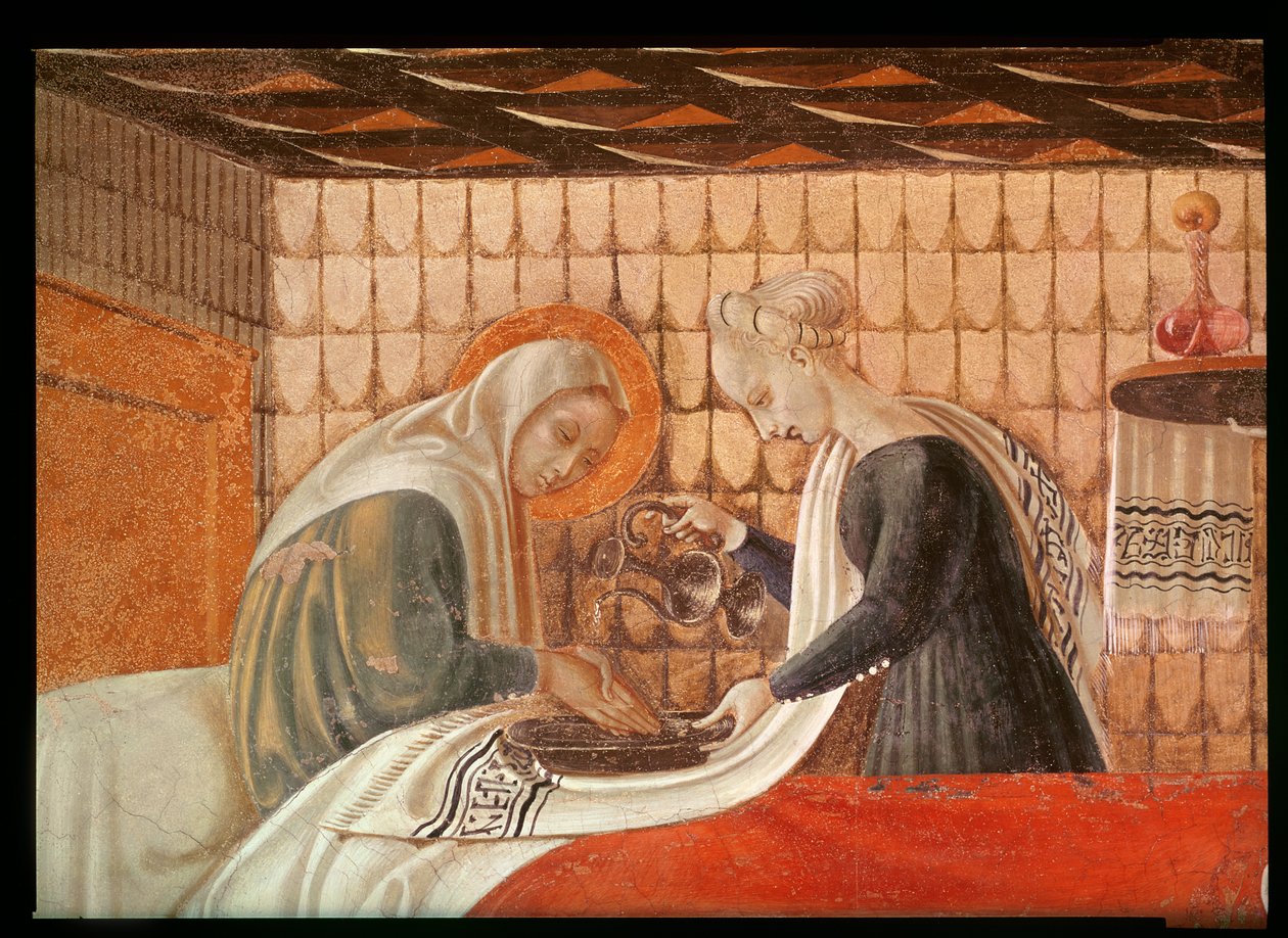 Neitsyt Marian syntymä, yksityiskohta Pyhästä Annasta ja avustajasta, fresko vuodelta 1440 ks. myös 85549. tekijältä Paolo Uccello