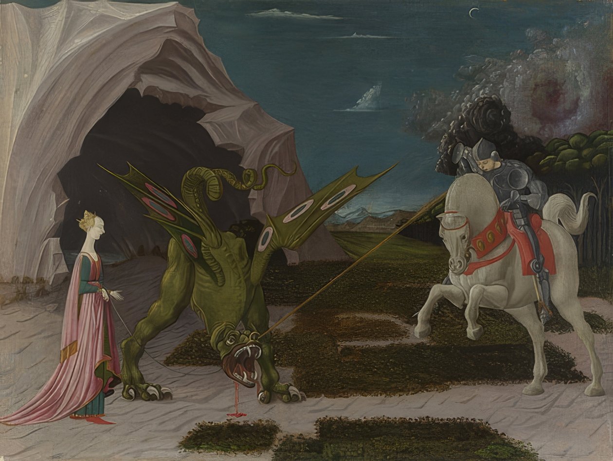 Pyhä Yrjö ja lohikäärme. Noin 1470 tekijältä Paolo Uccello