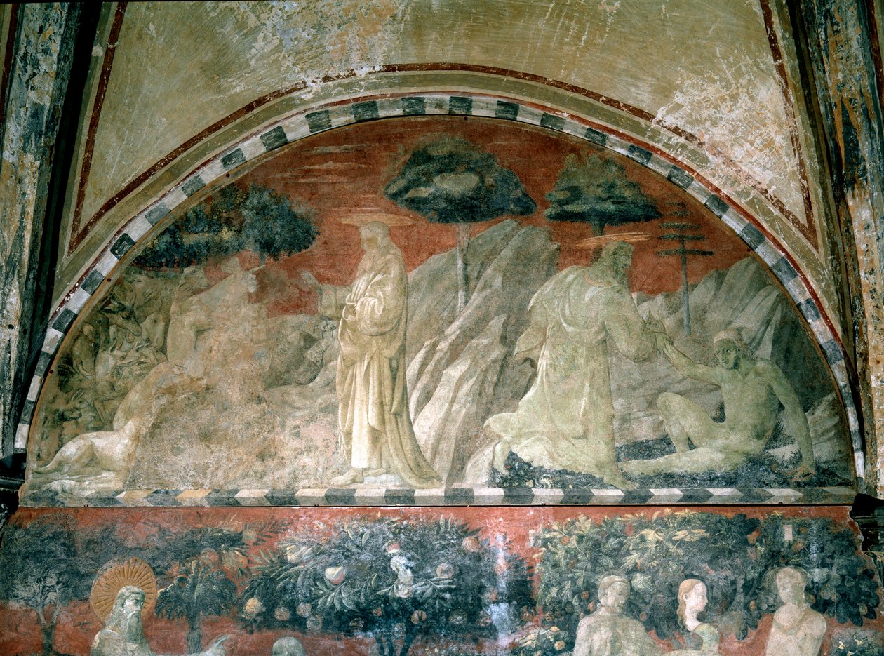 Genesis, eläinten luominen ja aadamin luominen - Fresco tekijältä Paolo Uccello