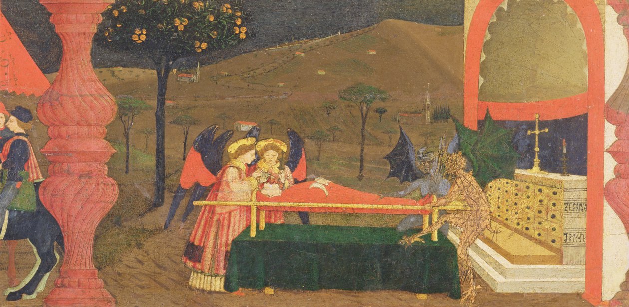 Predella of the Host of the Profanation: The Body of the Jewish Pantlantin, jota vartioivat enkelit ja paholaiset, n. 1468 (tempera paneelissa) (yksityiskohta) tekijältä Paolo Uccello