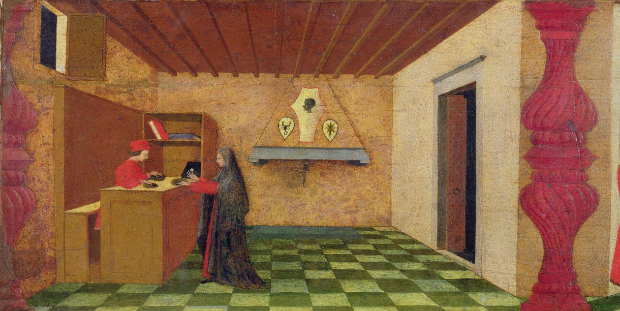 Predella sotajoukon häväistymisestä: kristitty nainen, jonka juutalainen panttilainaaja pakotti lunastamaan viittansa vihittyjen sotajoukon hinnalla, n. 1467-69 (tempera paneelissa) (yksityiskohta) tekijältä Paolo Uccello