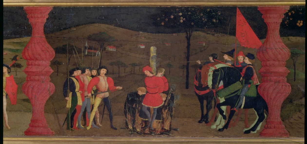 Predella of the Host of the Profanation: Juutalainen panttilainaaja ja hänen perheensä poltettiin roviolla pyhitetyn sotajoukon paahtamisen vuoksi, n. 1468 (tempera paneelissa) (yksityiskohta) tekijältä Paolo Uccello