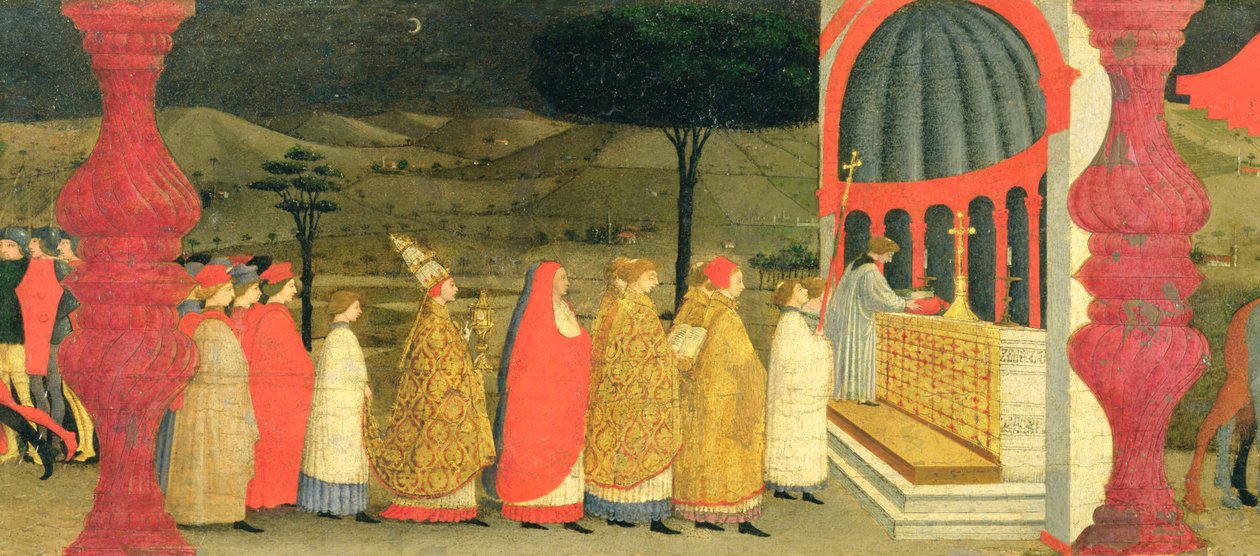 Predella of the Profanation of the Host: Paavi palauttaa vihityn esiripun alttarille, n. 1468 (tempera paneelille) (yksityiskohta). tekijältä Paolo Uccello