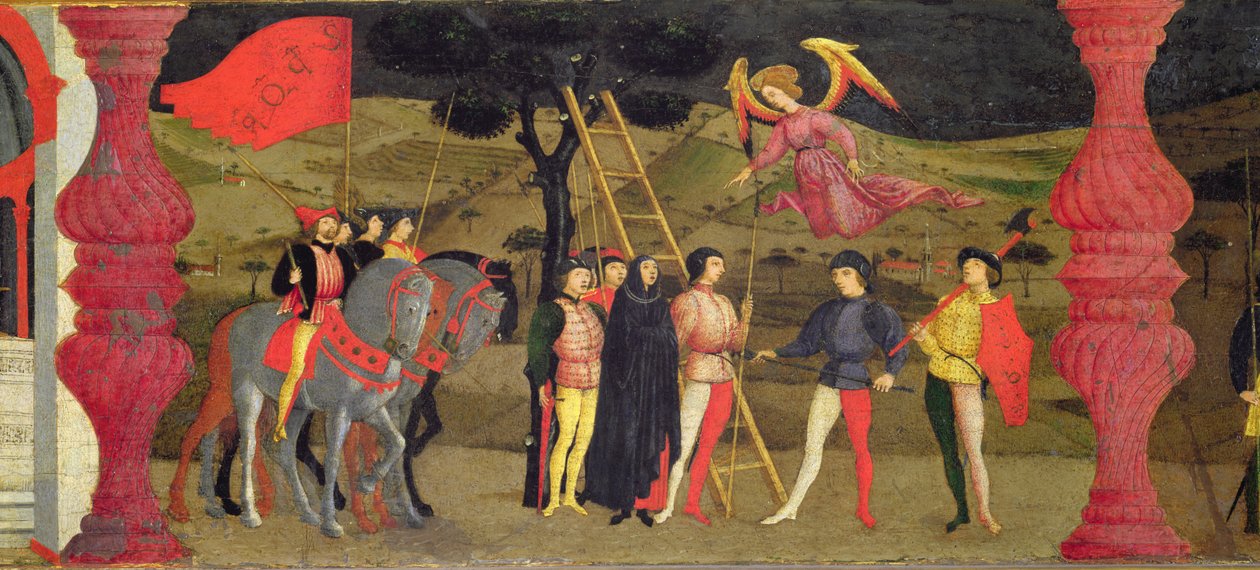 Predella sotajoukon häväistymisestä: Katuva kristitty nainen hirtetään vihittyjen joukkojen panttia varten, n. 1468 (tempera paneelissa) (yksityiskohta) tekijältä Paolo Uccello