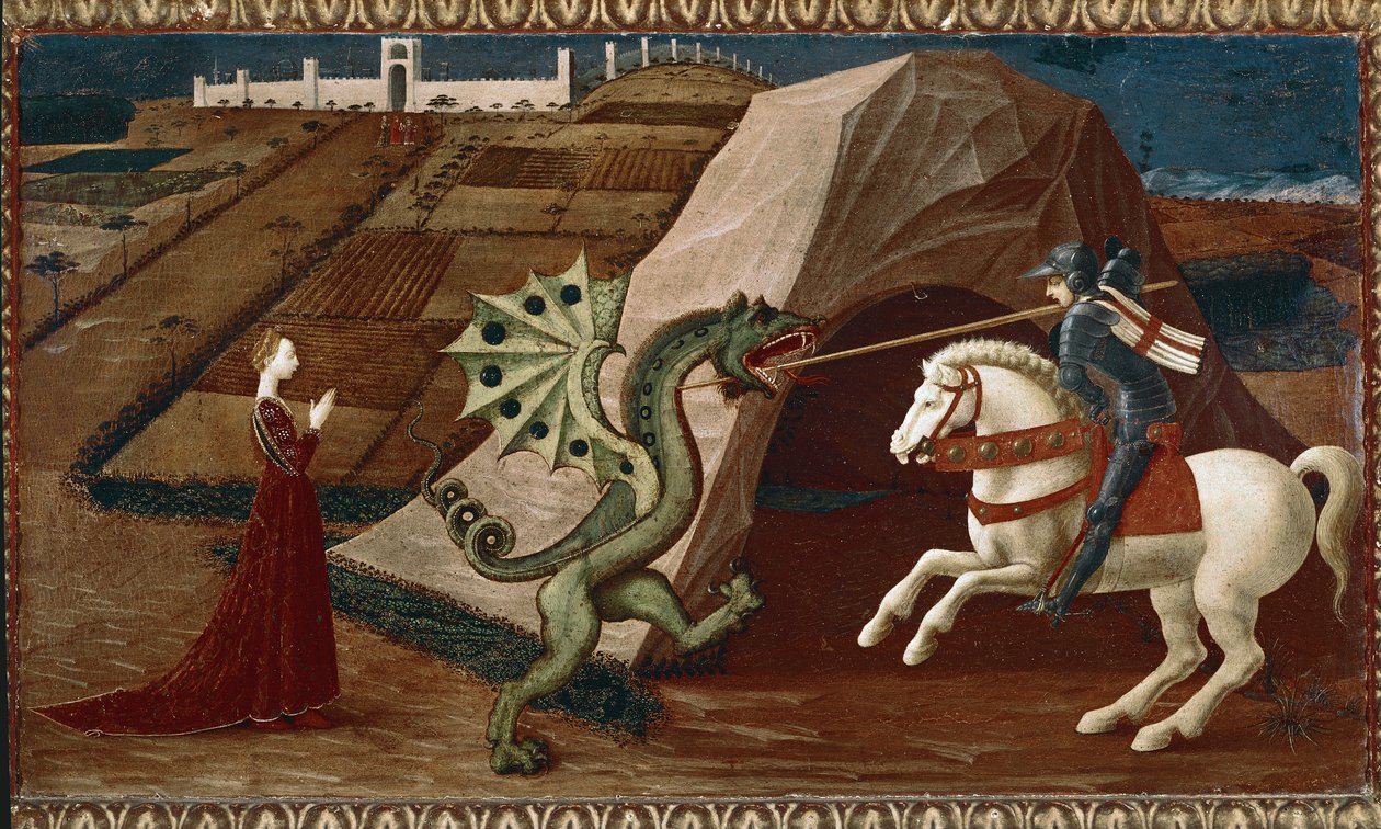Pyhä Yrjö ja lohikäärme. (öljy puulle tekijältä Paolo Uccello
