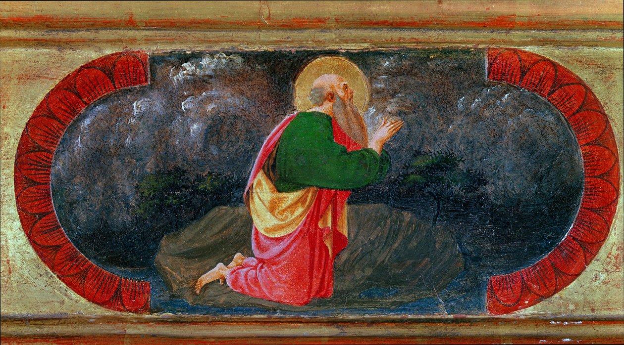 Pyhä Johannes Patmoksessa. Paolo di Dono dit Paolo Uccellon maalaus (1397-1475) tekijältä Paolo Uccello