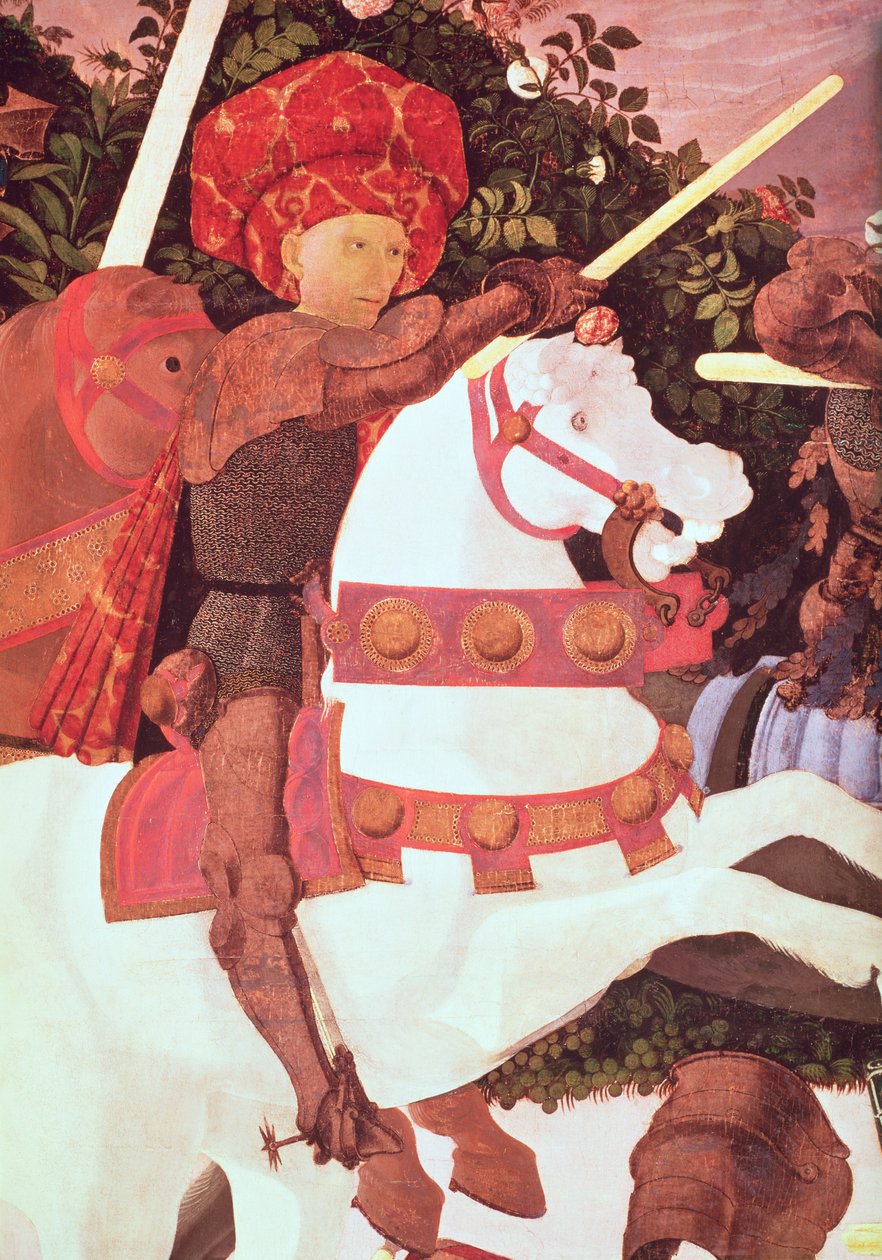 San Romanon taistelu, yksityiskohta Niccolo da Tolentinosta k.1435, firenzeläisten palkkasotureiden johtaja, n.1450-60, tempera taululle, yksityiskohta kuvasta 30690. tekijältä Paolo Uccello