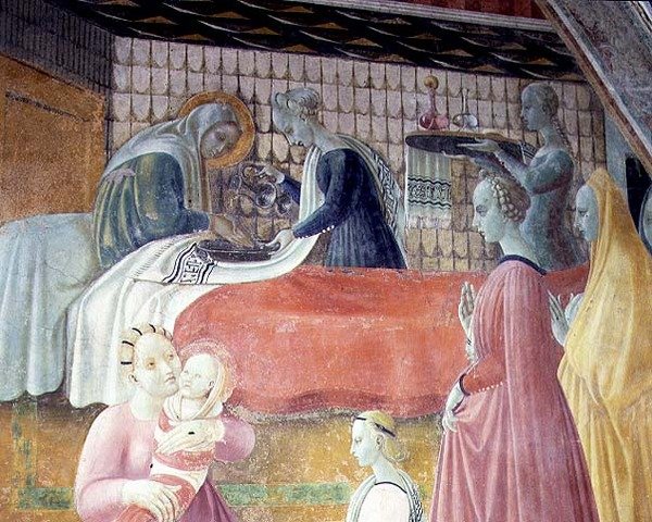 Neitsyen syntymä, yksityiskohta jaksosta Neitsyt ja Pyhän Tapanin elämä, Cappella dell"Assunta tekijältä Paolo Uccello