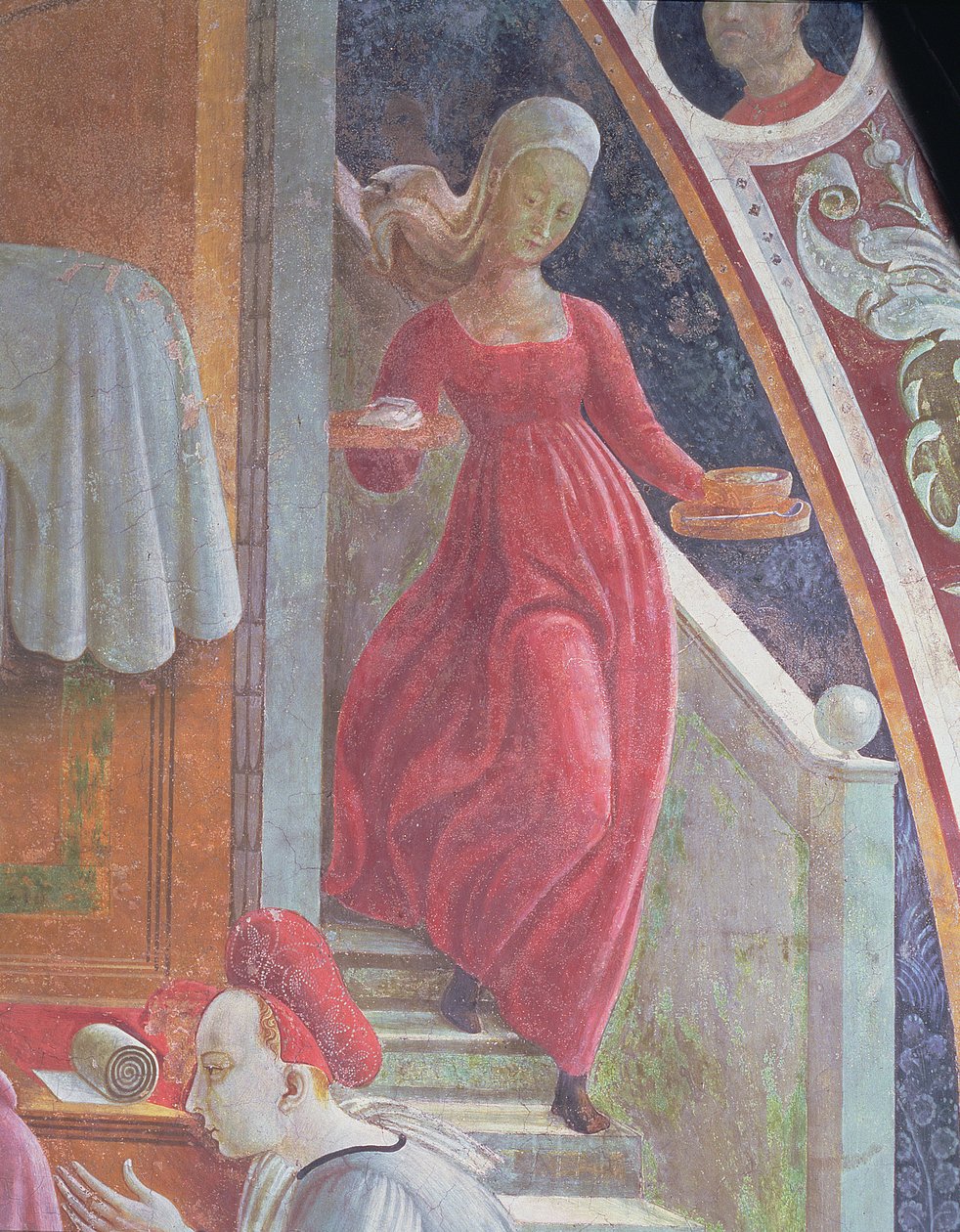 Neitsyen syntymä, yksityiskohta palvelijattaresta freskosarjasta Neitsyen ja Pyhän Tapanin elämä, Cappella dell" Assunta tekijältä Paolo Uccello