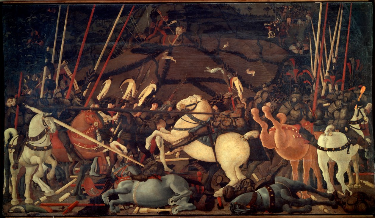 Deroute de San Romano (San Romanon taistelu) vuonna 1432. Kolmas jakso: Bernardino della Ciardan tappio. Paolo di Dono dit Paolo Uccellon maalaus (1397-1475) tekijältä Paolo Uccello