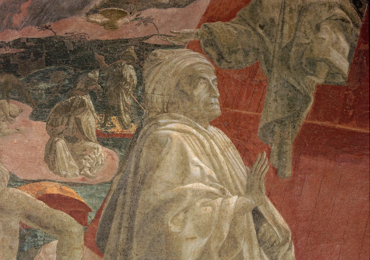 Vedenpaisumus ja vedenlasku sekä Nooan uhri ja juopumus, yksityiskohta rukoilevasta hahmosta, lunettifresko. tekijältä Paolo Uccello