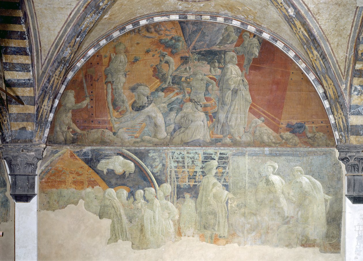 Veden tulva ja vajoaminen (yläosa) Nooan uhri ja juopuminen (alaosa) lunette (katso lisätietoja 123196) tekijältä Paolo Uccello