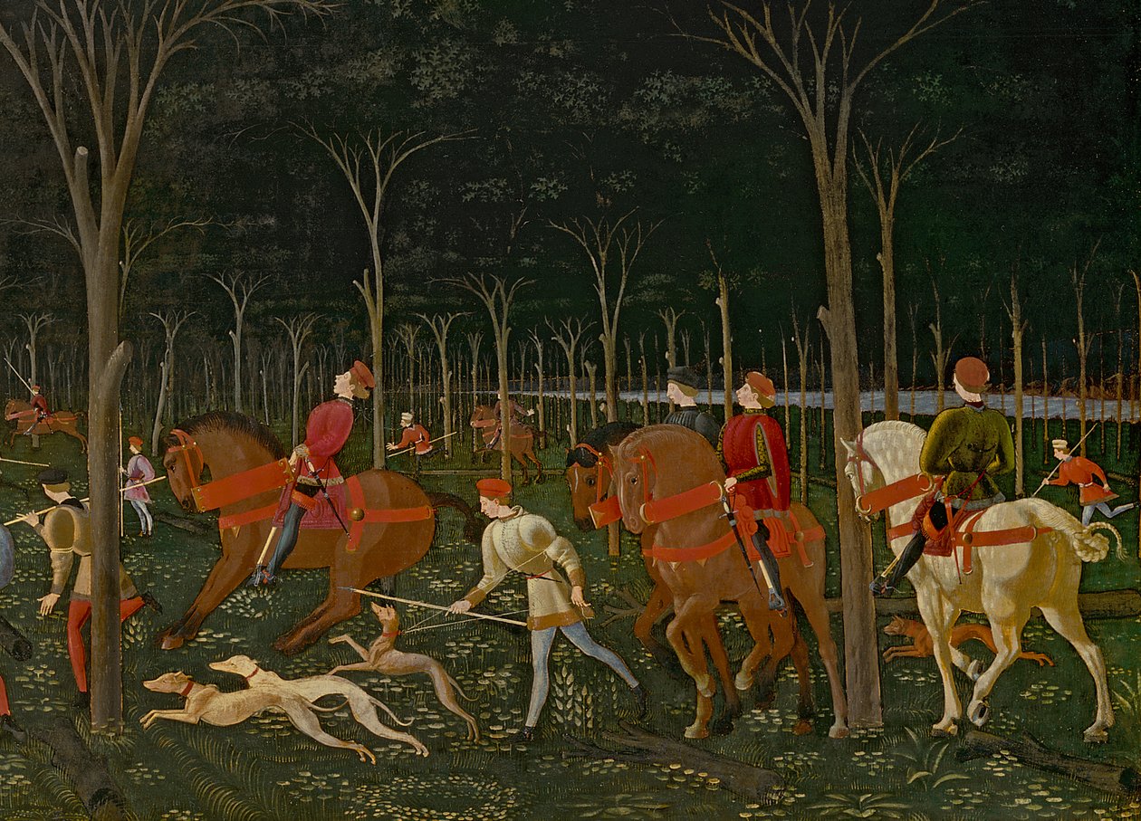 Metsästys metsässä, n.1465-70 öljy paneelille yksityiskohta 100861:stä tekijältä Paolo Uccello